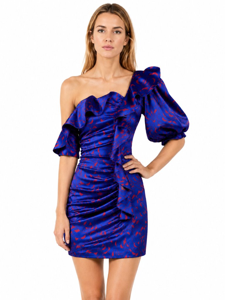Self-Portrait Asymmetric One Shoulder Dress Size 2 Blue Red Ruffle Pockets